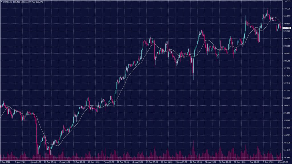 US dollar index chart showing that the momentum slowed which might lead prices to decline below 109.70.